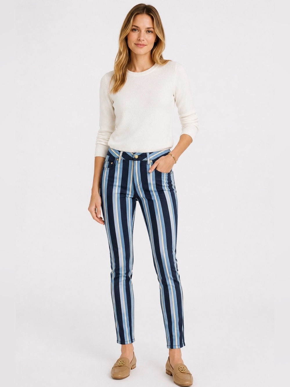 Tory Burch Blue Awning Stripe Super Skinny Jeans Navy Size 29